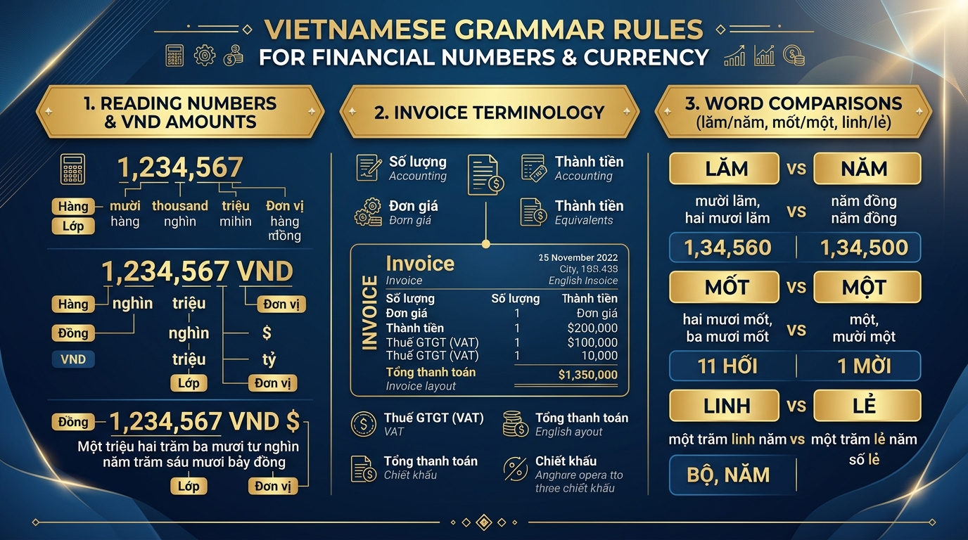 Quy tắc ngữ pháp tiếng Việt đọc số tiền tài chính hóa đơn