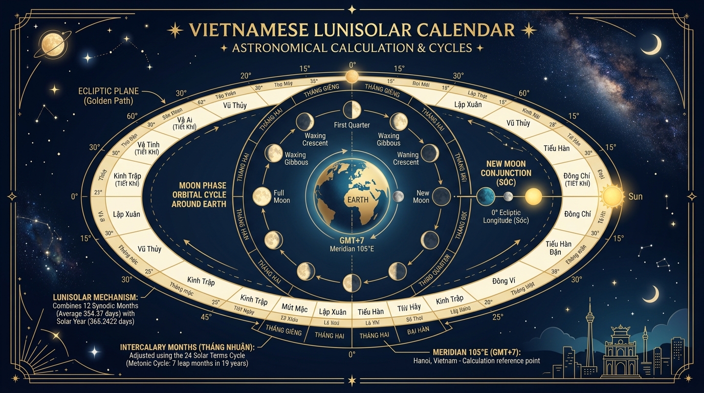 Sơ đồ thiên văn tính toán lịch âm dương chu kỳ tuần trăng và 24 tiết khí